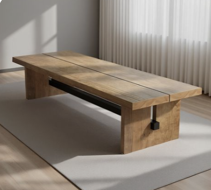 Two-plank wooden coffee table with wooden panel legs and a dark brace